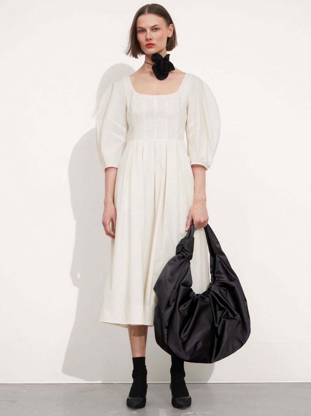 NWT Los Angeles Atelier & Other Stories Puff Sleeve Poplin Midi Dress Off-White